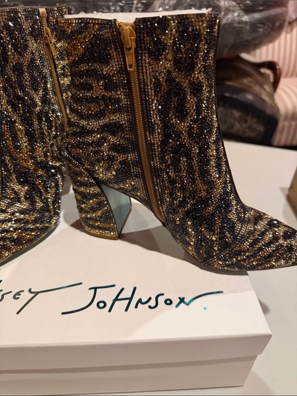 Betsey Johnson Black and Gold Crystal Leopard Ankle Boots